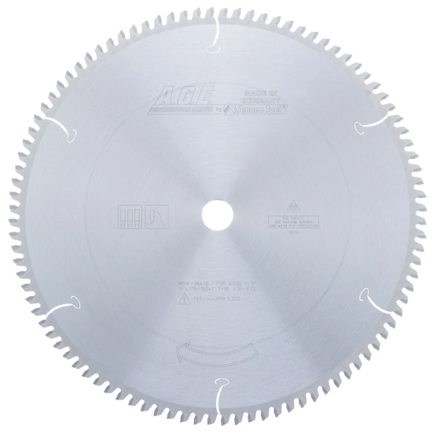14" x 96T Carbide Tipped Thin Kerf Sliding Compound, Miter and Radial Arm Blade, Neg. 5 Deg., 1" Bore, ATB - Image 2