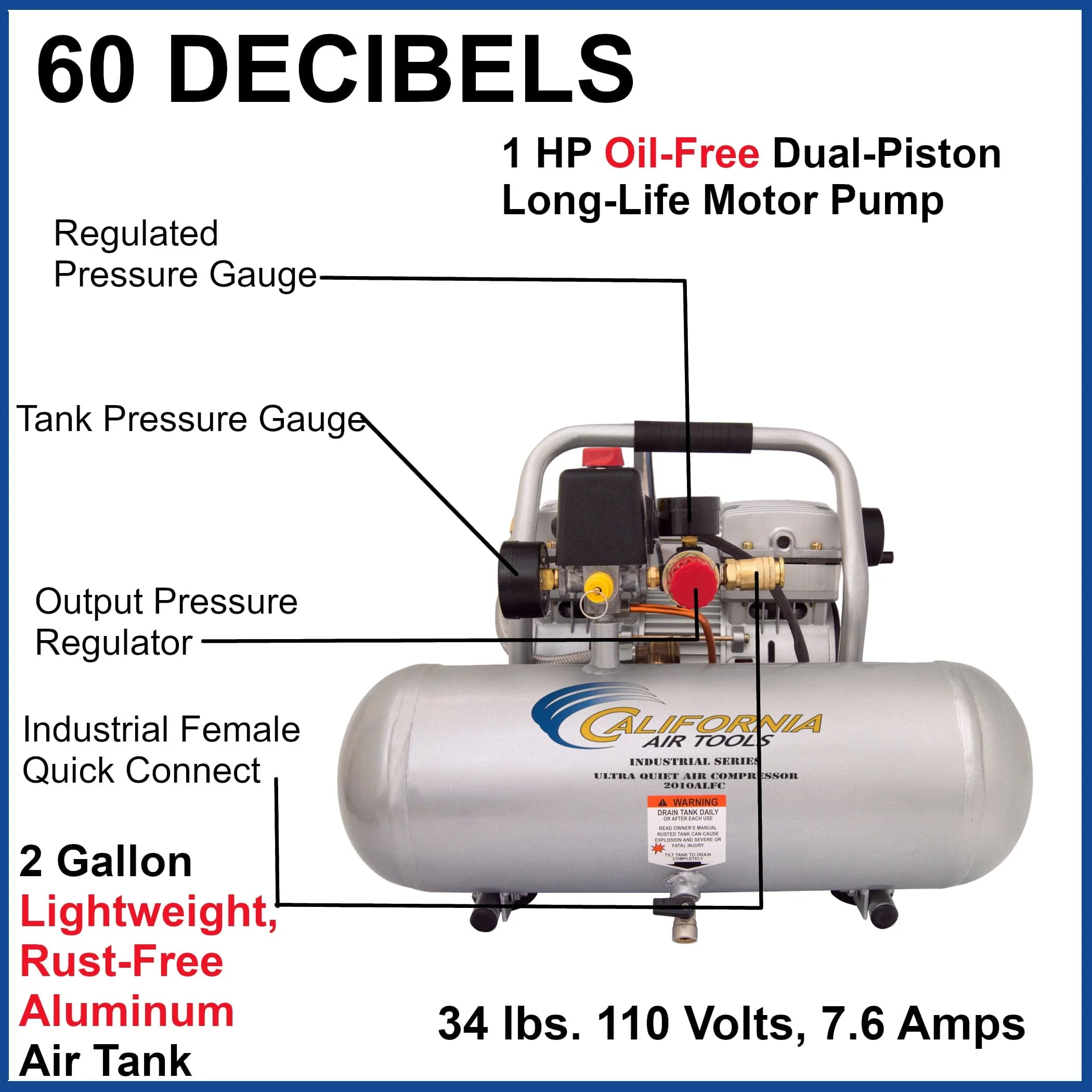 1HP 2 Gallon Aluminum Tank Air Compressor - Oil-Free - Image 3