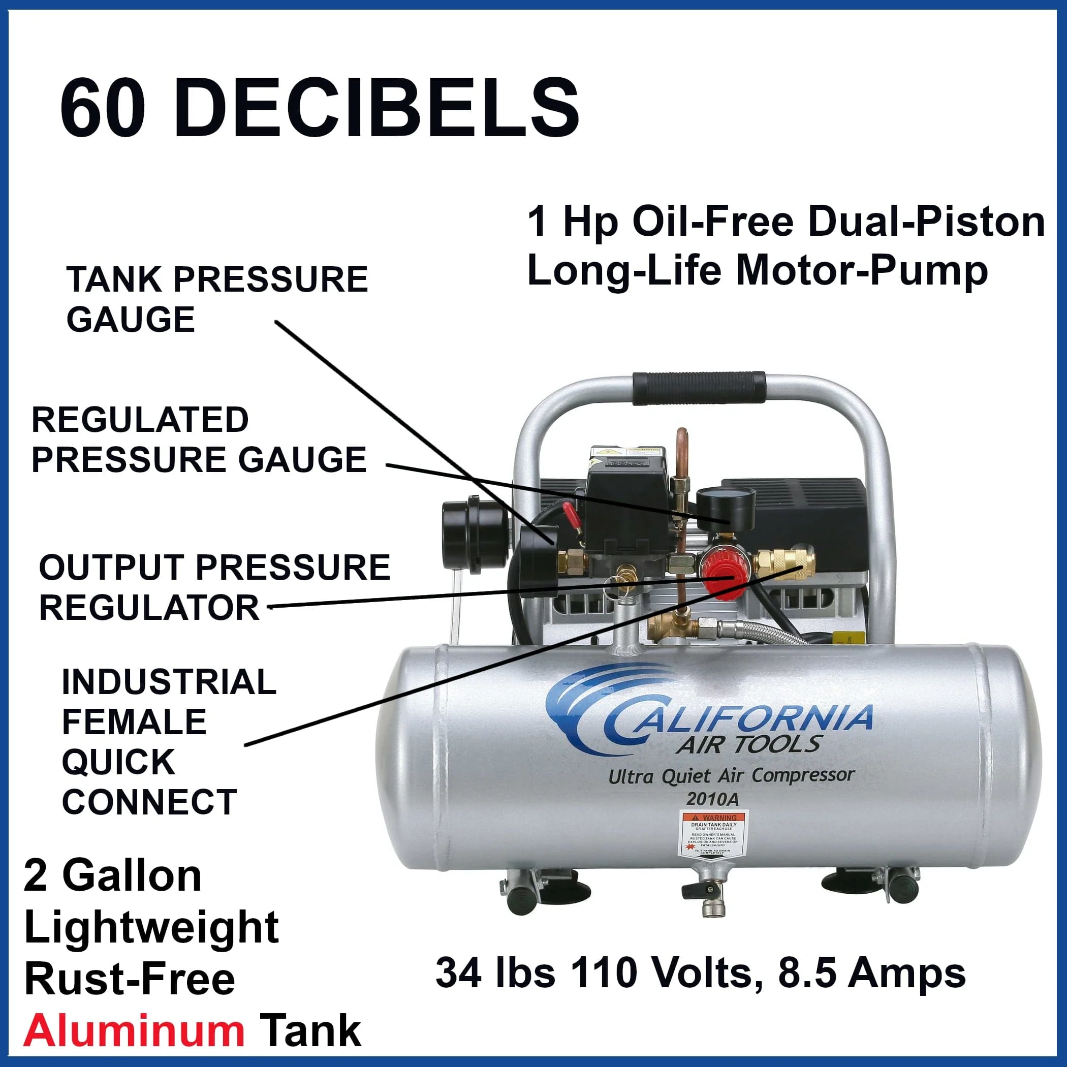 1HP 2 Gallon Oil-Free Aluminum Tank Air Compressor - Ultra Quiet - Image 4