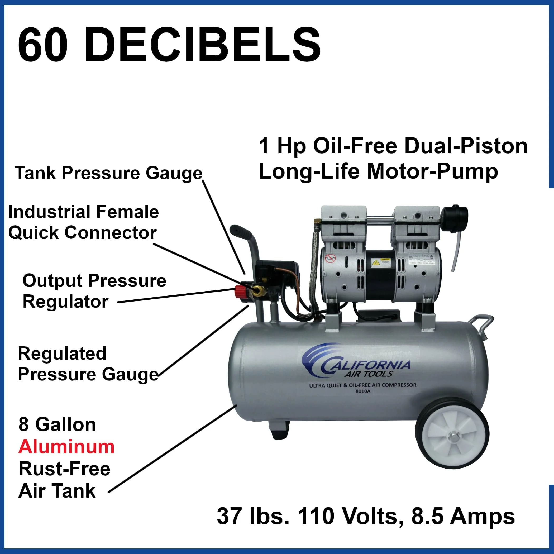 1HP 8 Gallon Oil-Free Aluminum Tank Air Compressor - Image 7