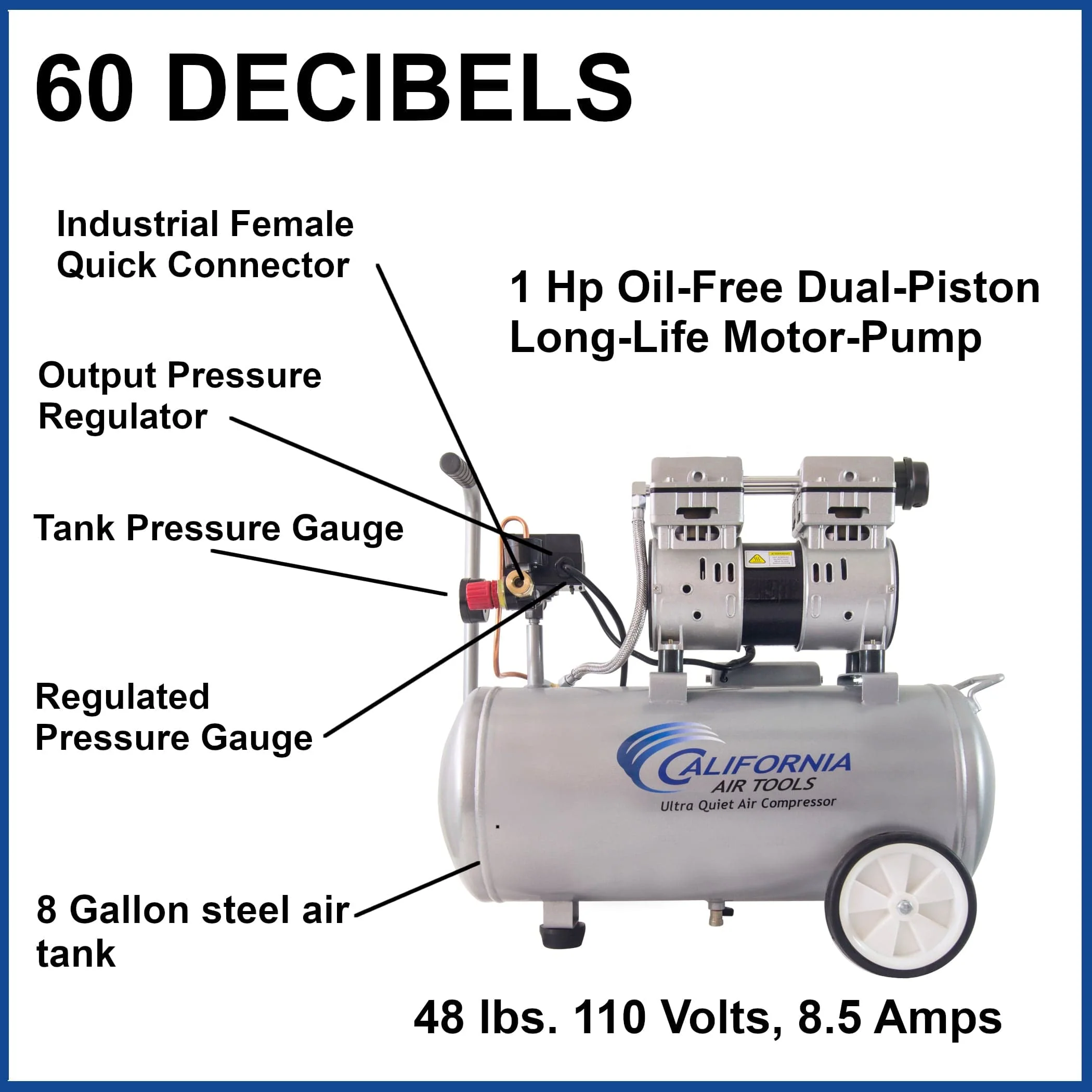 8010 Ultra Quiet and Oil-Free 1.0 HP, 8 Gal. Steel Tank Air Compressor - Image 3