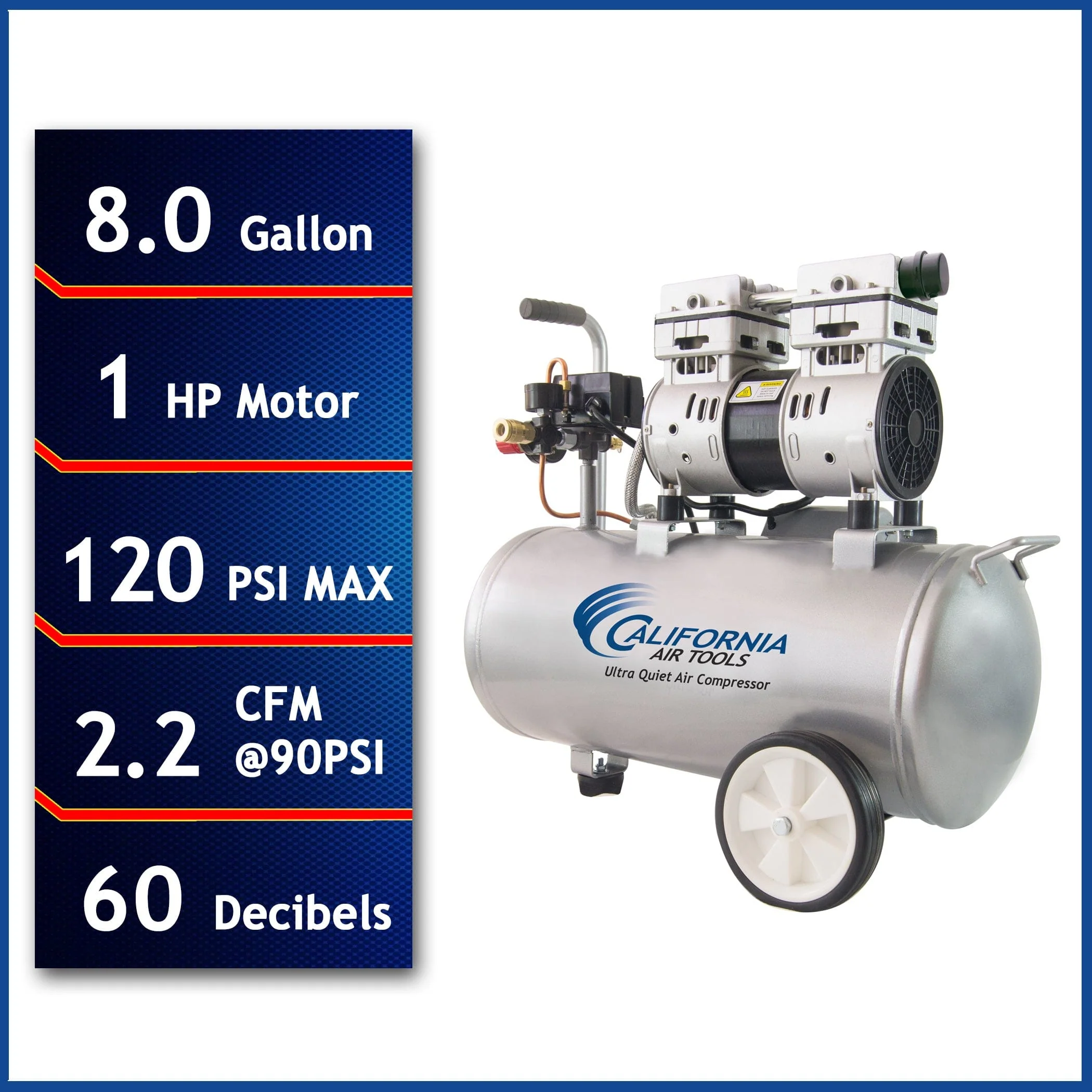 8010 Ultra Quiet and Oil-Free 1.0 HP, 8 Gal. Steel Tank Air Compressor - Image 4
