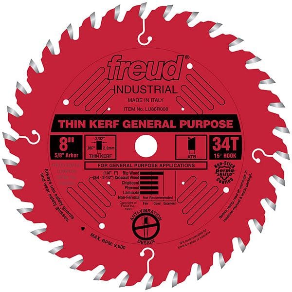 LU86R008 Industrial Thin Kerf General Purpose Blade with Red Perma-Shield, 8" diameter, 5/8" a