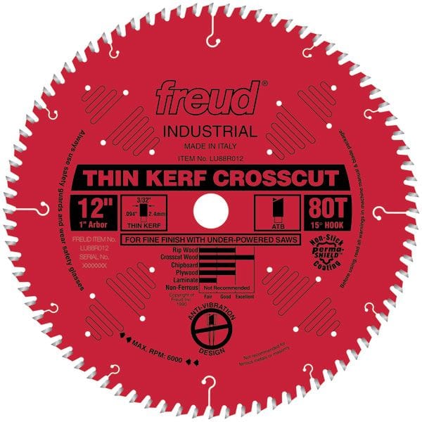 LU88R012 Thin Kerf Fine Finishing Blade 12" x 1" Bore x 80 Tooth ATB Thin Kerf