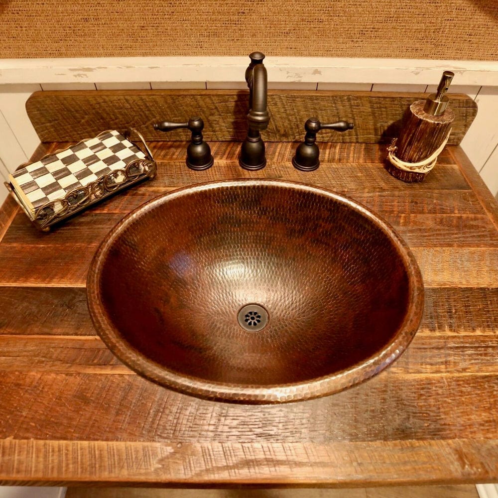 Master Bath Oval Self Rimming Hammered Copper Bathroom Sink - Image 4