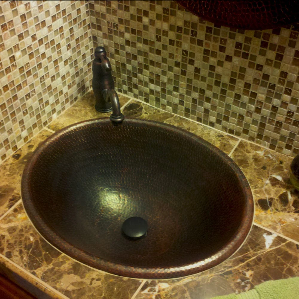 Master Bath Oval Self Rimming Hammered Copper Bathroom Sink - Image 6
