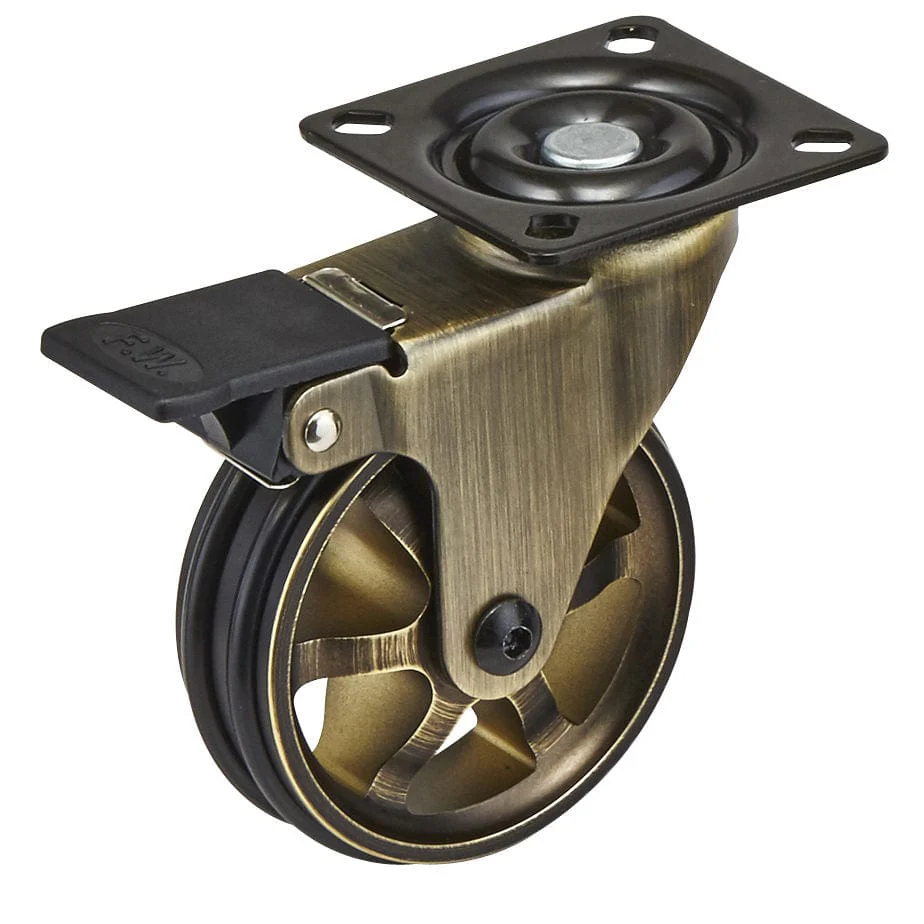 3" D Aluminum Single Wheel Vintage Caster Swivel with Brake with Plate Rustic Brass