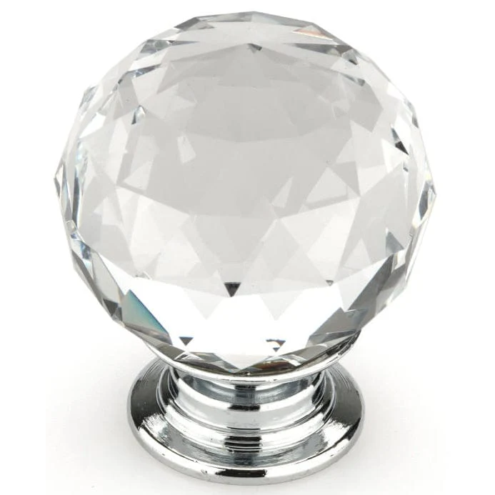 Contemporary Knob, 1-3/16" D, Crystal, Clear, Chrome