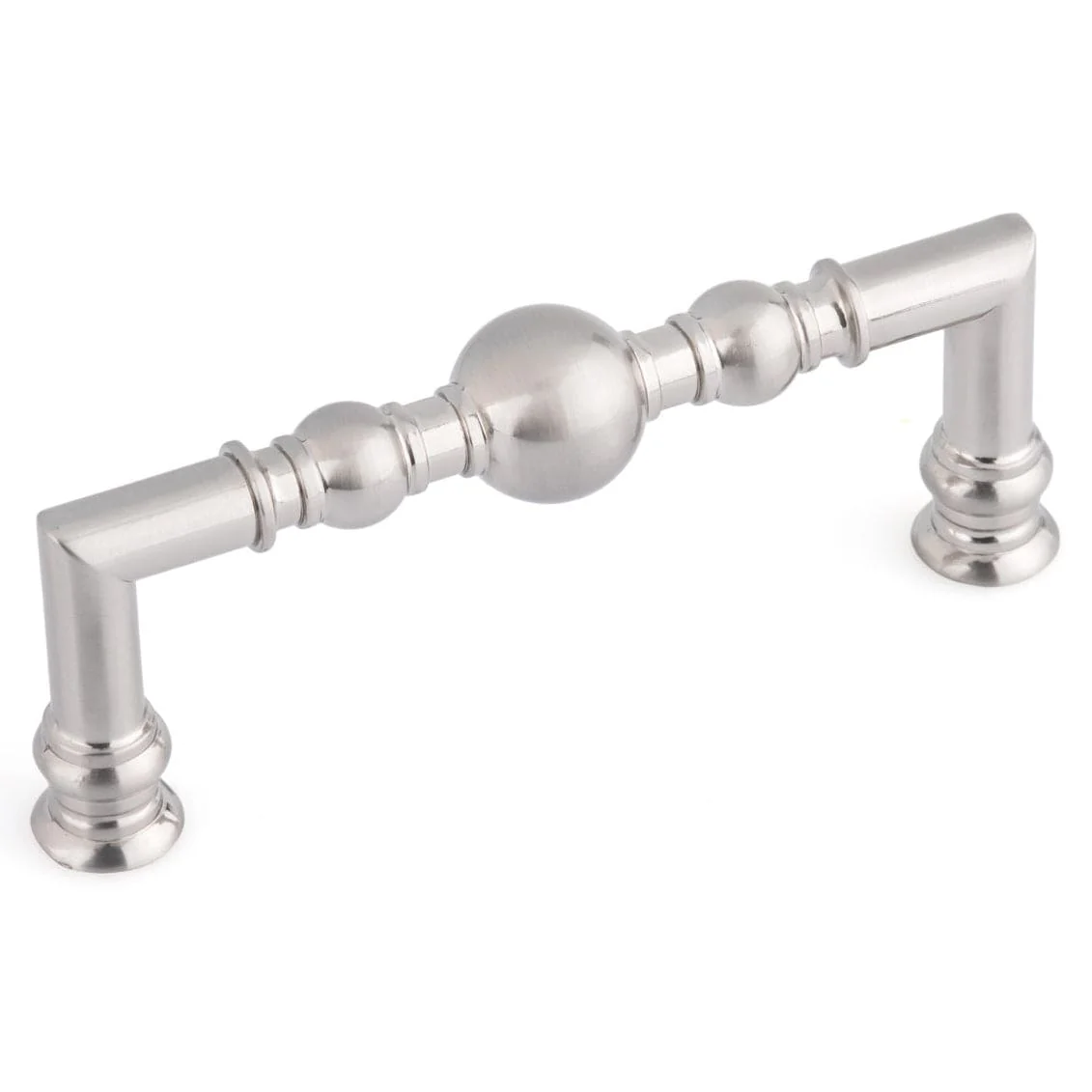 Traditional Metal Pull with Beads and Rings on Handle - 3-3/4" Center-to-Center - 4-3/8" OL - Brushed Nickel