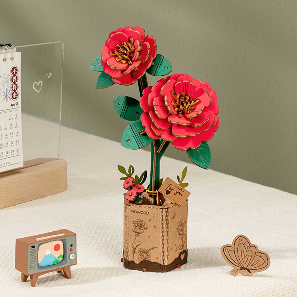 Red Camellia 3D Wood Puzzle Kit - Image 2