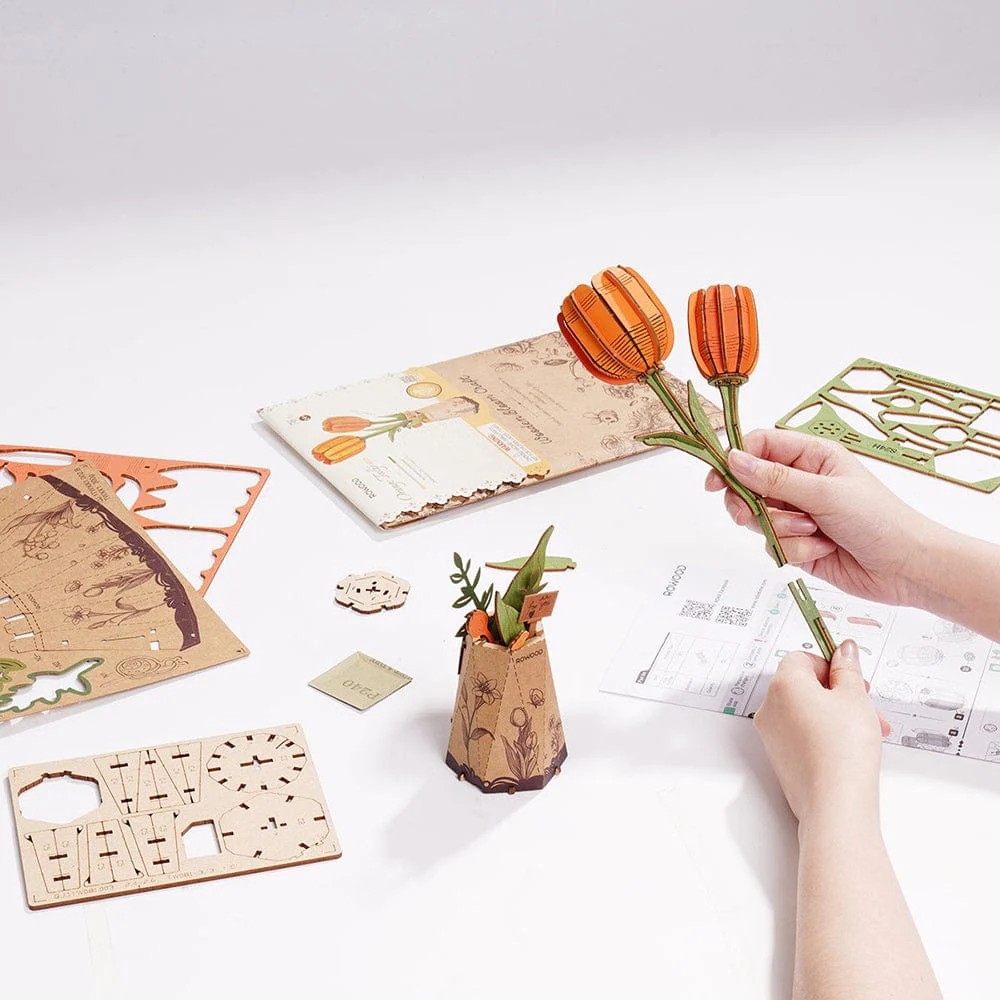 Orange Tulip 3D Wooden Flower Model Kit - Image 3