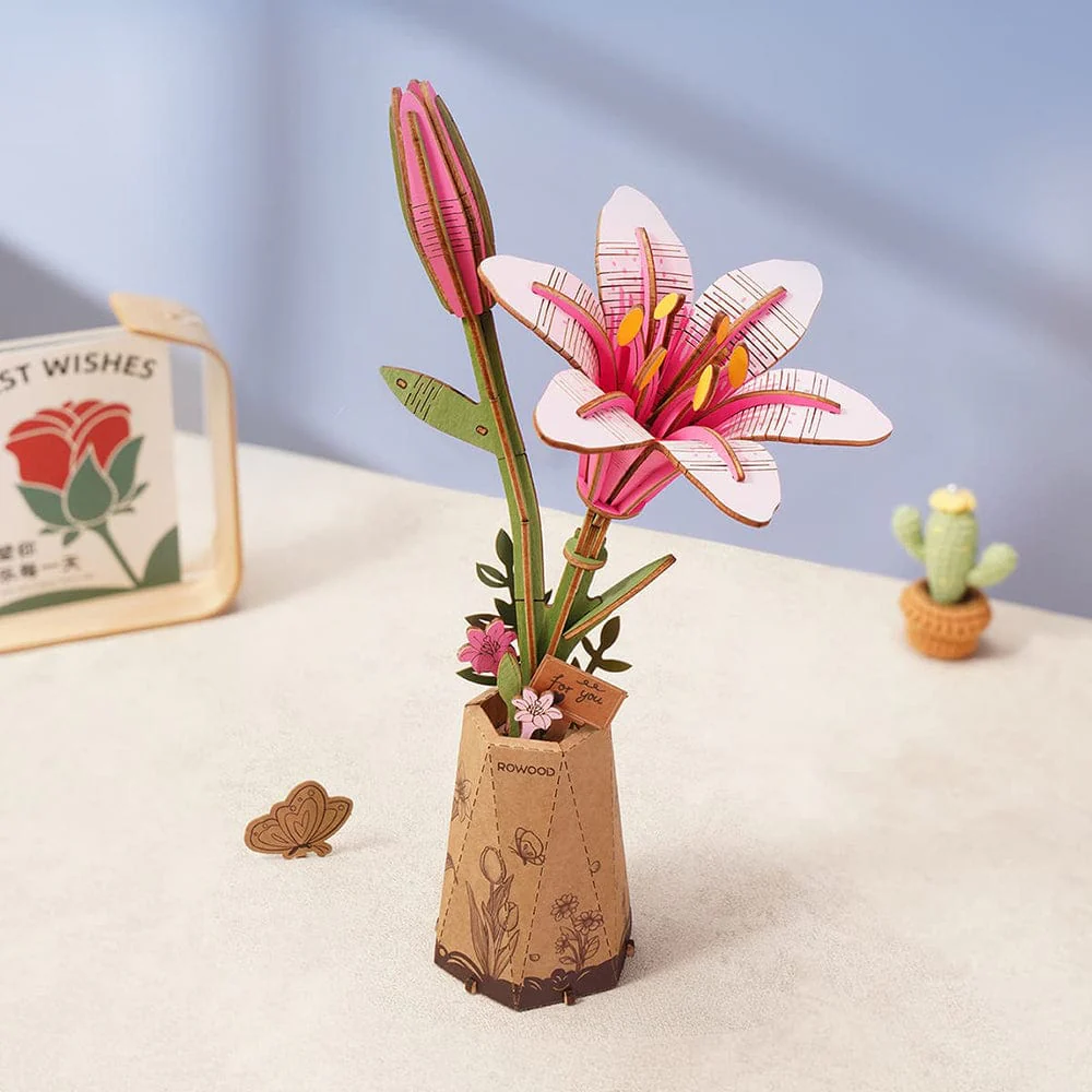 Pink Lily 3D Wooden Flower Model Kit - Image 2