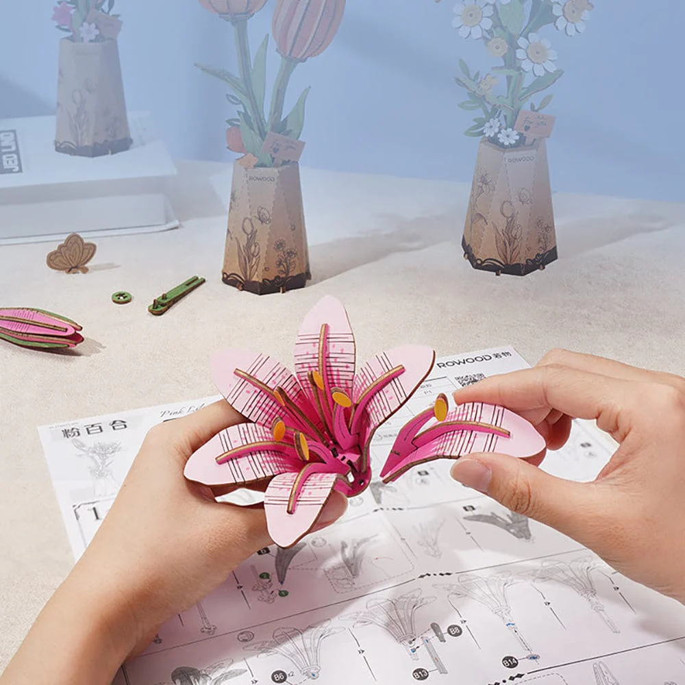 Pink Lily 3D Wooden Flower Model Kit - Image 3