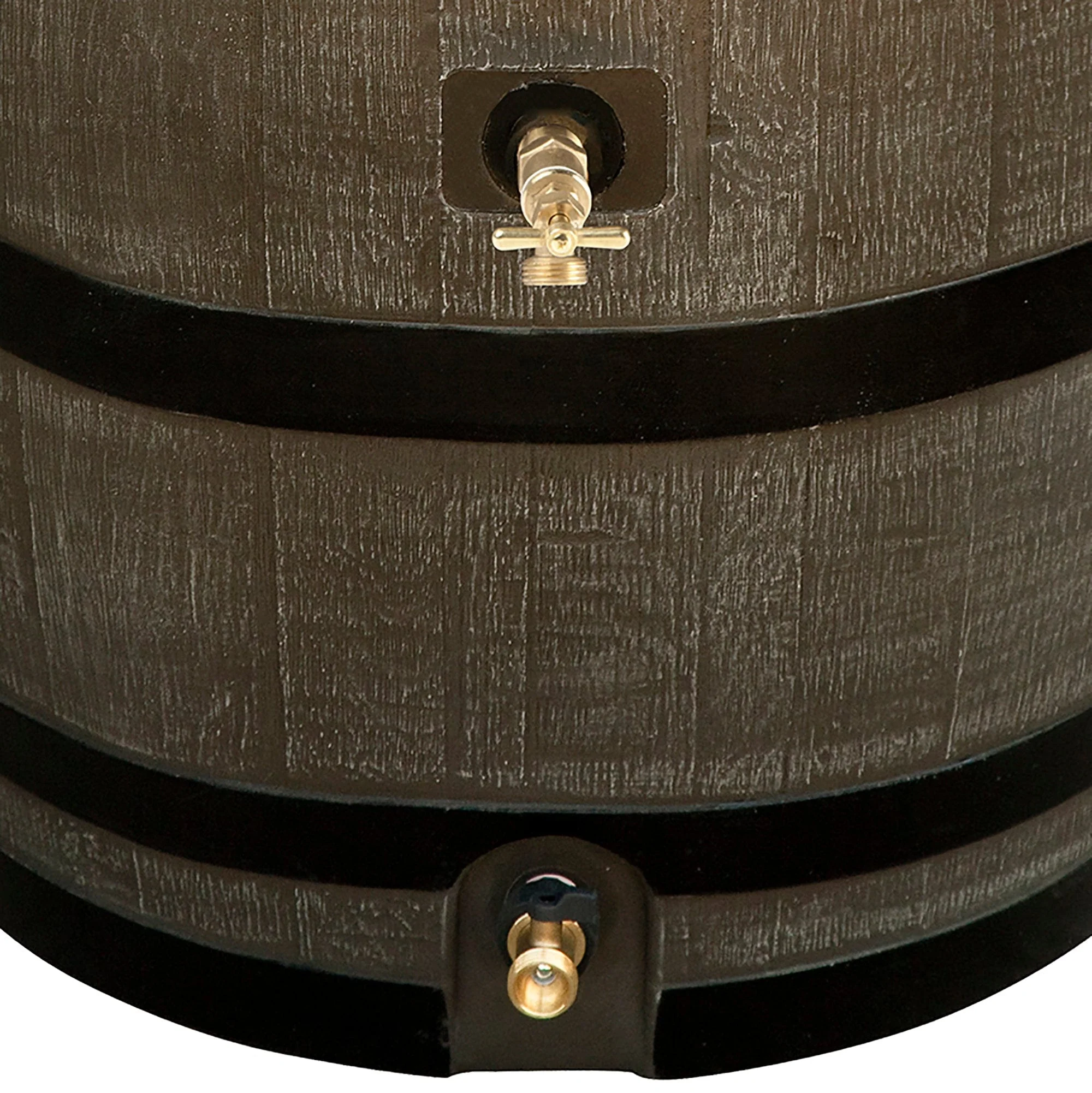 Polyethylene 50 Gallon Flat Back Dual Brass Spigot Rain Barrel Woodgrain with Black Stripes - Image 3