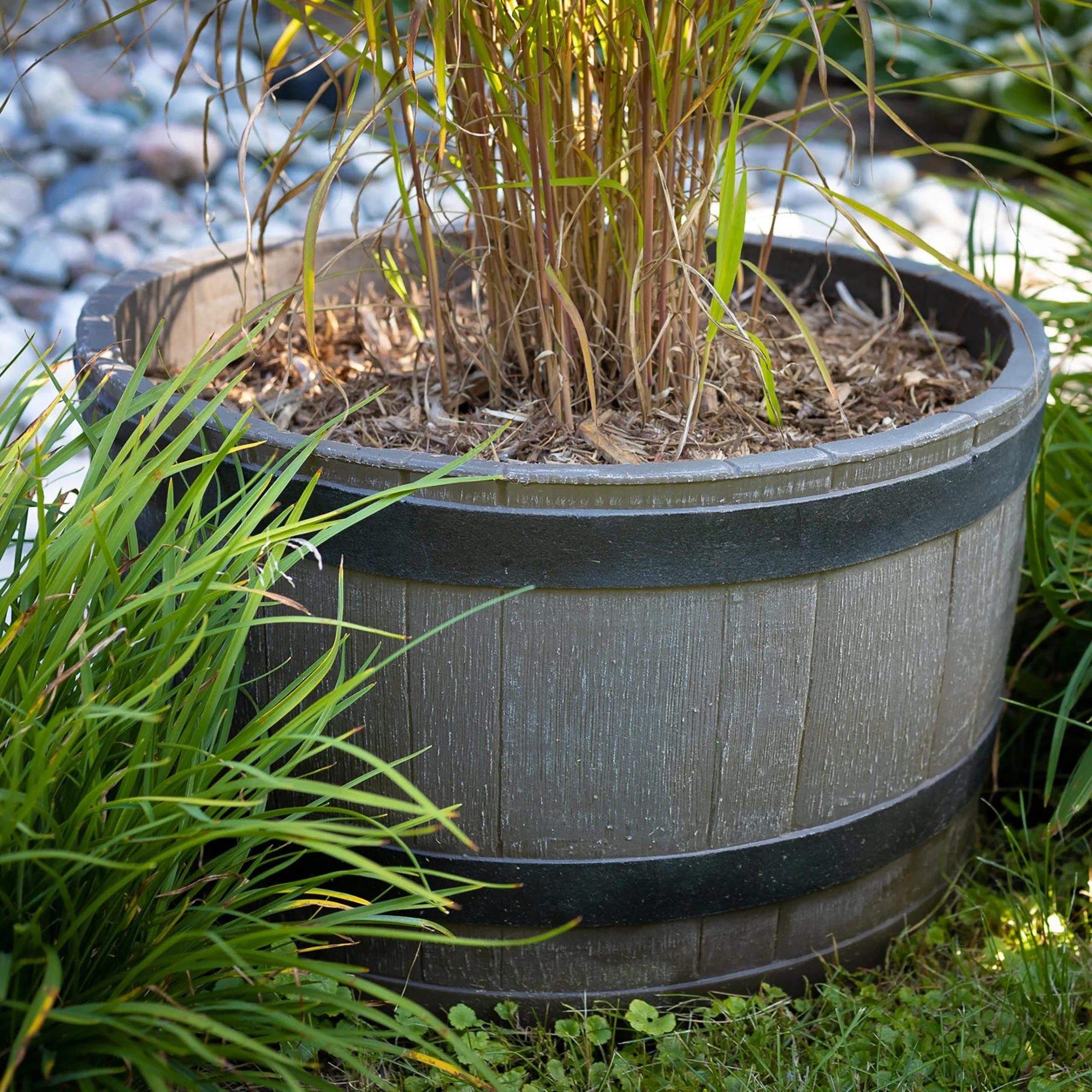 Polyethylene Whiskey Barrel Planter Brown Woodgrain with Black Stripes - Image 3