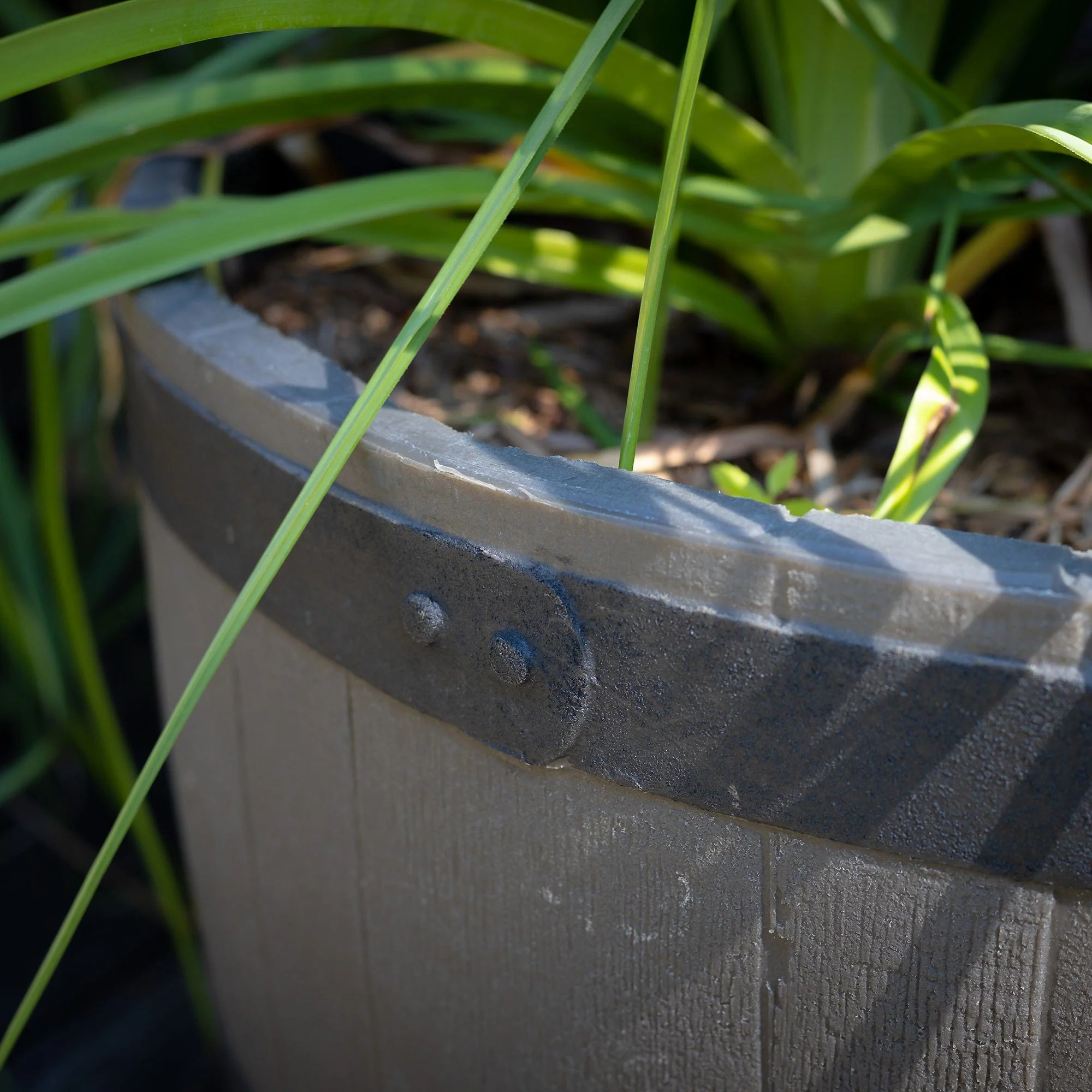 Polyethylene Whiskey Barrel Planter Brown Woodgrain with Black Stripes - Image 5