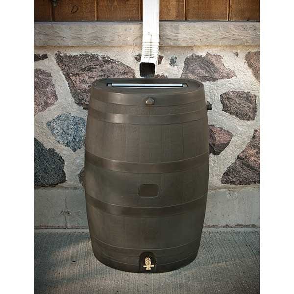 Rain Barrel with Flat Back and Brass Spigot, 50 gallon, Wood Grain - Image 2