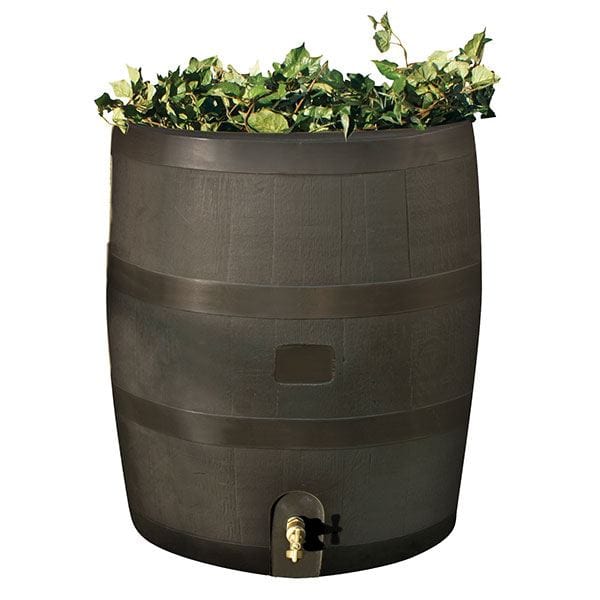Round Rain Barrel with Planter, 35 gallon, Mud