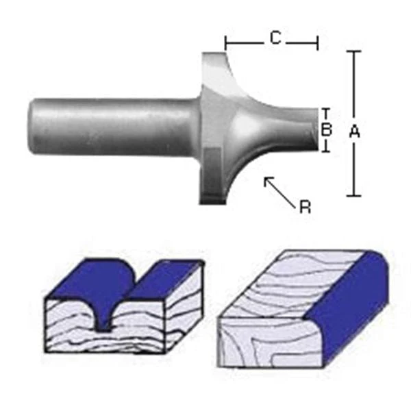 2057 Plunge Roundover Router Bit 1/2" SH X 3/8" R X 1" A X 1/4" B 5/16" C 2-1/8" OL