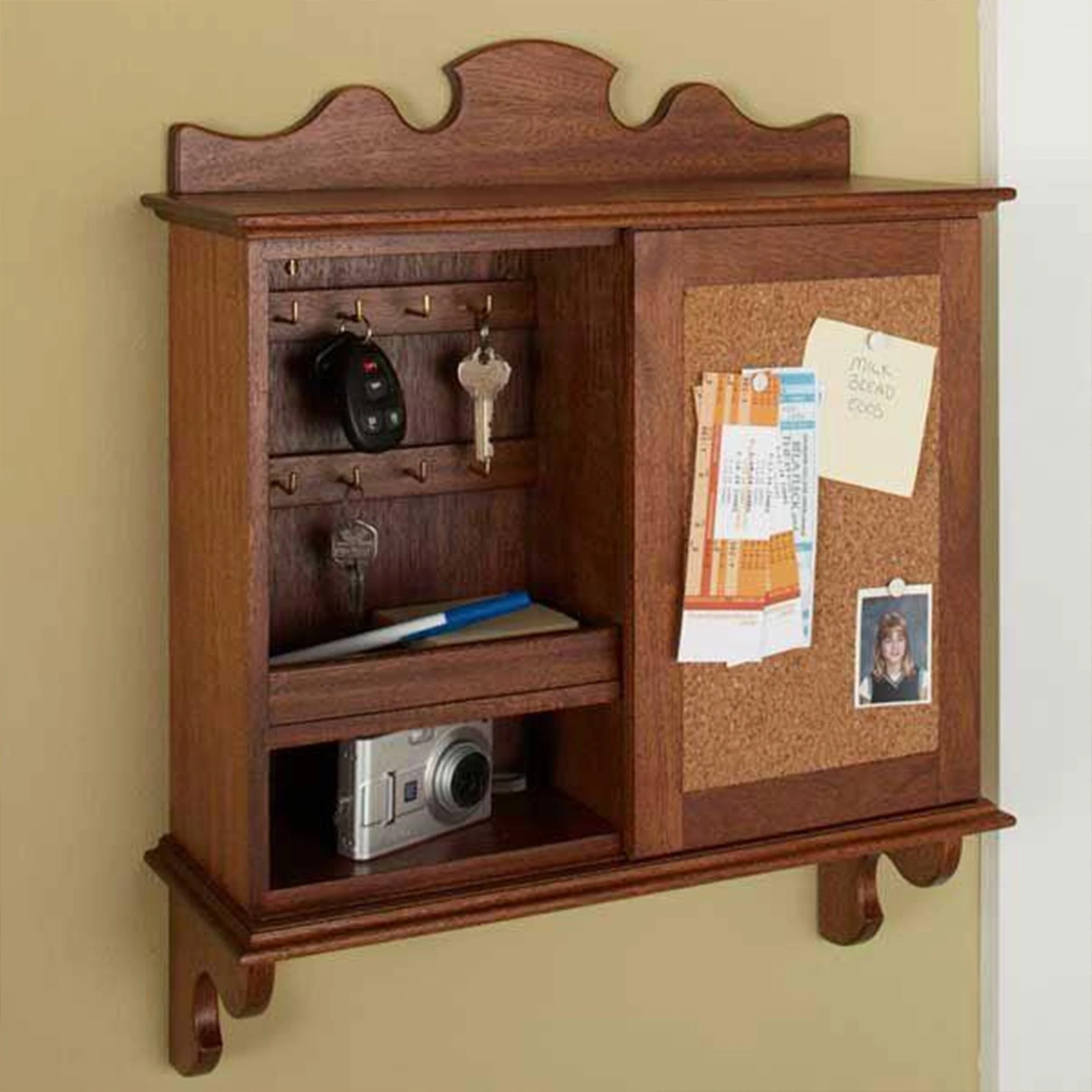Downloadable Woodworking Project Plan to Build Sliding-Door Hideaway Wall Organizer